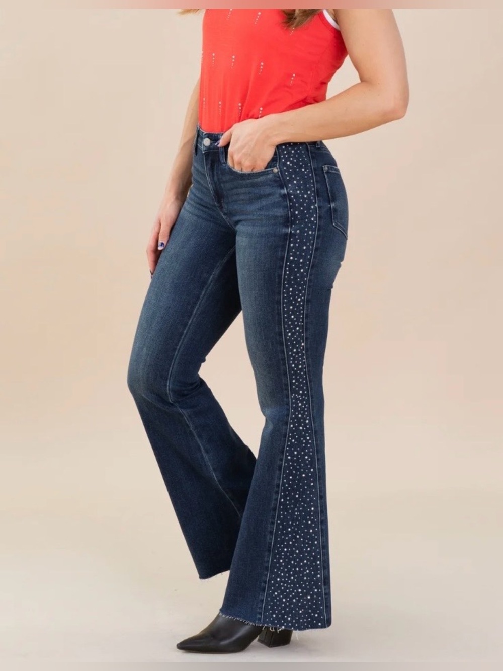 Judy Blue Rhinestone Side Detail Flare Jean Festival Glam Denim Western Stretch - Picture 2 of 13